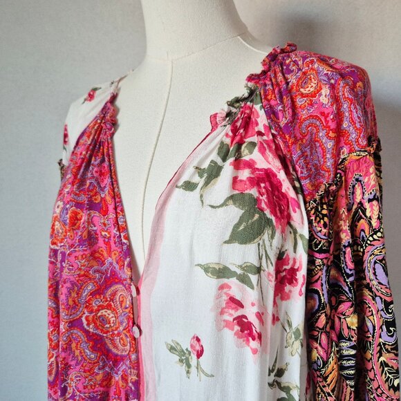 Free People Gemini Floral Paisley Mixed Patchwork Boho Blouse Button Oversize - Picture 7 of 15